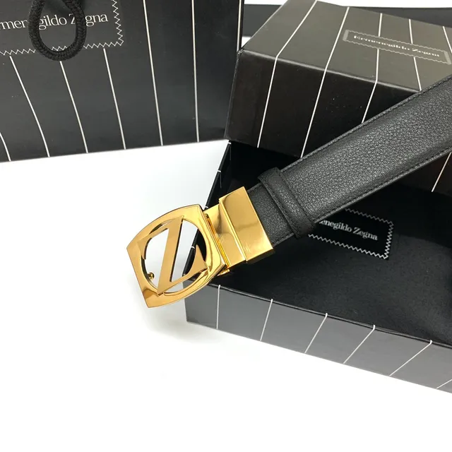 Zegna Z Monogram حزام مع مشبك أسود ذهبي جلد حبيبي كامل مصقول بشكل درع 3