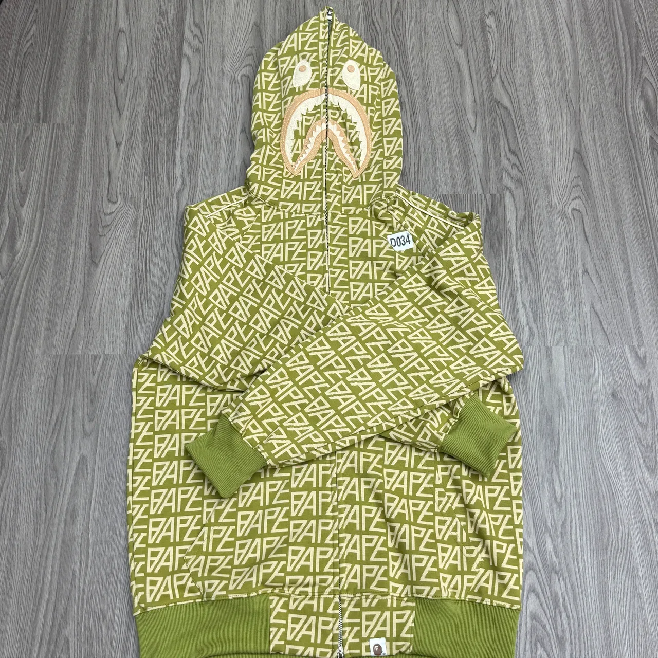 A Bathing Ape Shark Hoodie Olive Green All-Over Logo Jacket 3