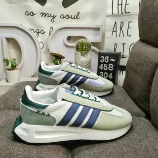 Adidas Beige Blue Retro Runner Layered Textile Upper Lifestyle Sneakers