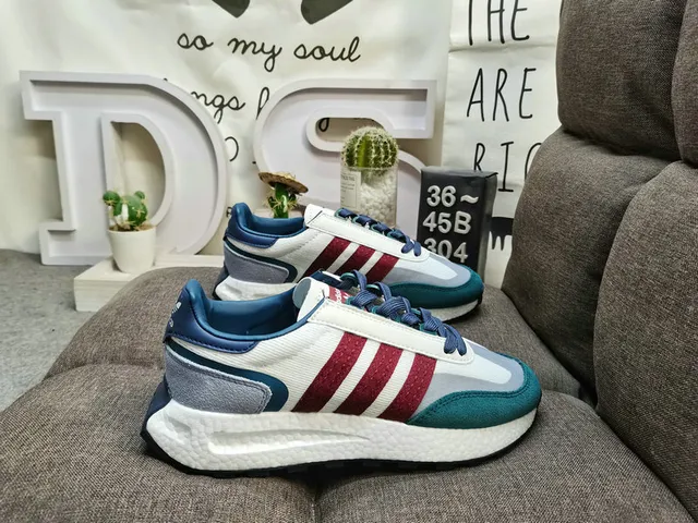Adidas Beige Blue Retro Runner Layered Textile Upper Lifestyle Sneakers 21