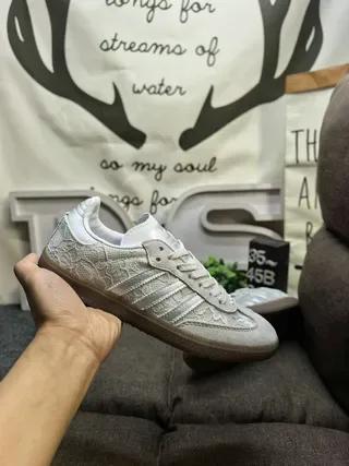 Adidas Beige Brown Lace-Patterned Textile Upper Three-Stripe Side Panel Sneakers 5