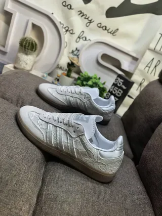 Adidas Beige Brown Lace-Patterned Textile Upper Three-Stripe Side Panel Sneakers 7
