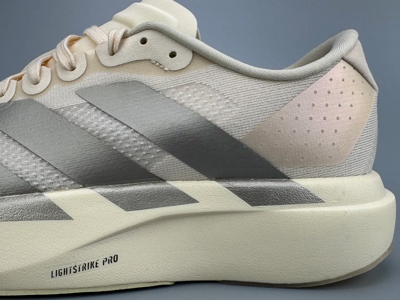 Adidas Beige Silver Lightweight Mesh Upper Metallic Three Stripes Running Shoes 7