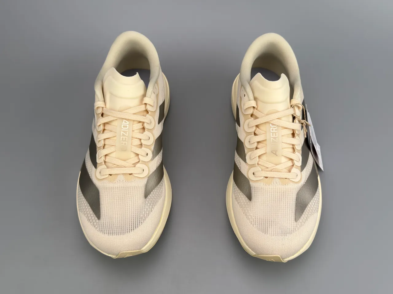 Adidas Beige Silver Lightweight Mesh Upper Metallic Three Stripes Running Shoes 9