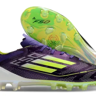 Adidas F50 Purple Green Low-Cut Synthetic Upper Neon Lime Stripe Detailing Firm-Ground Soccer Shoes