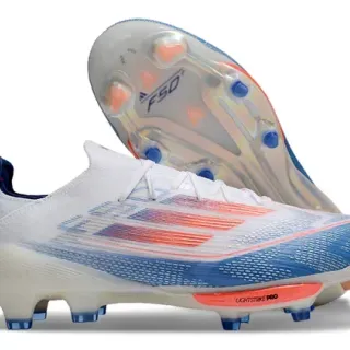 Adidas F50 White Blue Lightweight Knit Upper Gradient Red-To-Orange Stripes Firm-Ground Soccer Shoes