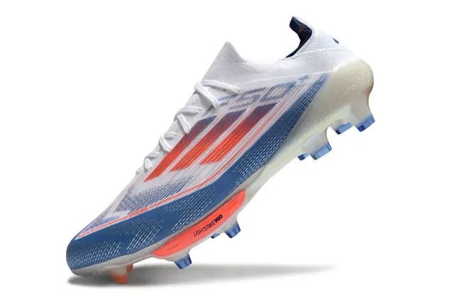 Adidas F50 White Blue Upper de Knit Léger Rayures Gradientes Rouge à Orange Chaussures de Football pour Terrain Ferme 3