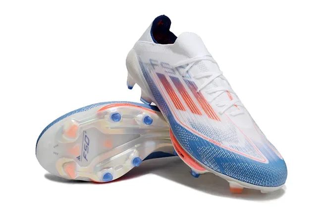 Adidas F50 White Blue Upper de Knit Léger Rayures Gradientes Rouge à Orange Chaussures de Football pour Terrain Ferme 4