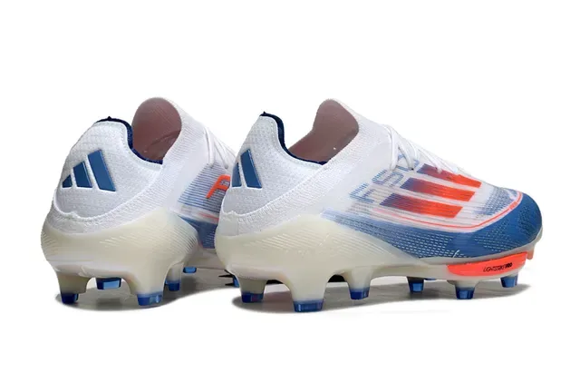 Adidas F50 White Blue Upper de Knit Léger Rayures Gradientes Rouge à Orange Chaussures de Football pour Terrain Ferme 5