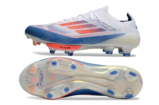 Adidas F50 White Blue Upper de Knit Léger Rayures Gradientes Rouge à Orange Chaussures de Football pour Terrain Ferme 6