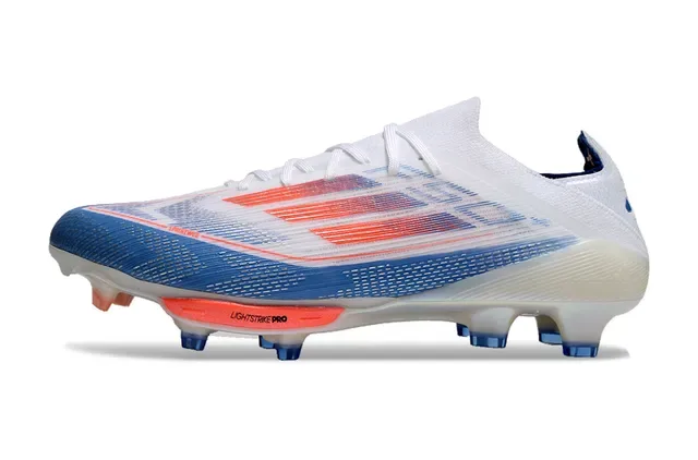Adidas F50 White Blue Upper de Knit Léger Rayures Gradientes Rouge à Orange Chaussures de Football pour Terrain Ferme 7
