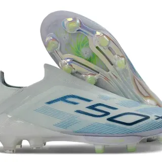 Adidas F50 White Blue Low-Cut Sock-Fit Upper Transparent Iridescent Soleplate Firm-Ground Soccer Shoes