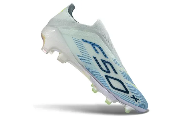 Adidas F50 White Blue Low-Cut Sock-Fit Upper Transparent Iridescent Soleplate Firm-Ground Soccer Shoes 2