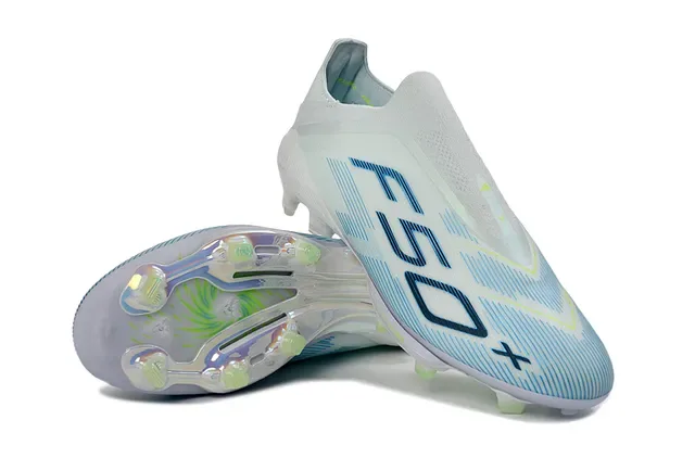 Adidas F50 White Blue Low-Cut Sock-Fit Upper Transparent Iridescent Soleplate Firm-Ground Soccer Shoes 4