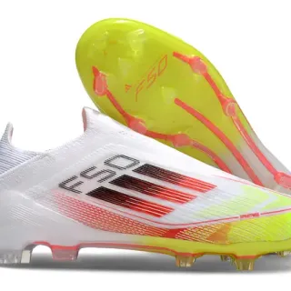 Adidas F50 White Yellow Sock-Fit Collar Gradient Red Stripes Firm-Ground Soccer Shoes