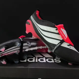 Adidas Predator Black Red Asymmetrical Lacing Molded TPU Outsole Firm-Ground Soccer Shoes