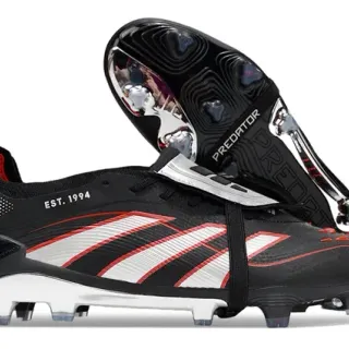 Adidas Predator Black Red Laceless Strap Closure Three-Stripe Graphic Overlay Firm-Ground Soccer Shoes