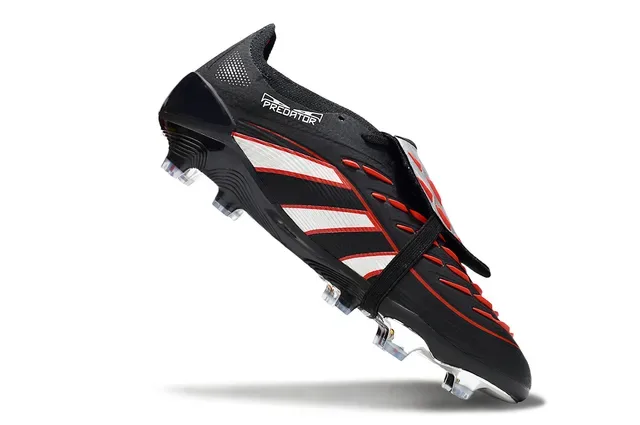 Adidas Predator Noir Rouge Sans Lacets Fermeture Sangle Superposition Graphique Trois Rayures Chaussures de Football pour Terrain Firme 2