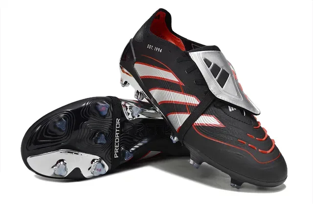 Adidas Predator Noir Rouge Sans Lacets Fermeture Sangle Superposition Graphique Trois Rayures Chaussures de Football pour Terrain Firme 4