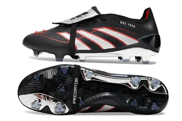 Adidas Predator Noir Rouge Sans Lacets Fermeture Sangle Superposition Graphique Trois Rayures Chaussures de Football pour Terrain Firme 6