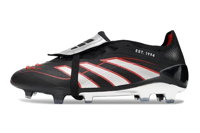 Adidas Predator Noir Rouge Sans Lacets Fermeture Sangle Superposition Graphique Trois Rayures Chaussures de Football pour Terrain Firme 7