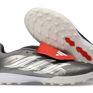 Adidas Predator Gray Red Laceless Strap Closure Metallic Silver Textured Upper Turf Soccer Shoes