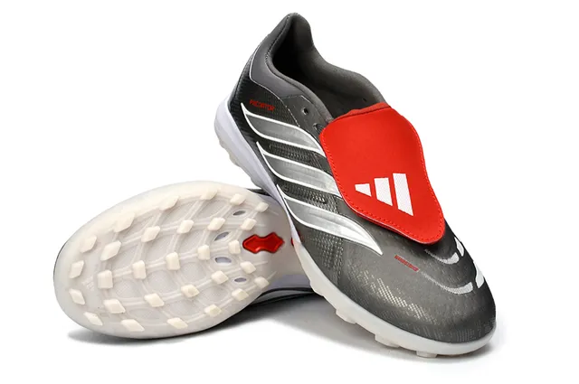 Adidas Predator Gris Rojo Sin cordones Cierre de correa Plateado metálico Superior texturizado Césped Zapatos de fútbol 4