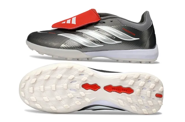Adidas Predator Gris Rojo Sin cordones Cierre de correa Plateado metálico Superior texturizado Césped Zapatos de fútbol 7