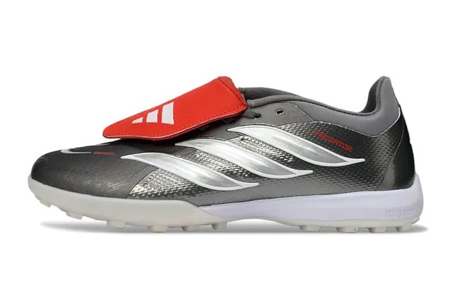 Adidas Predator Gris Rojo Sin cordones Cierre de correa Plateado metálico Superior texturizado Césped Zapatos de fútbol 8