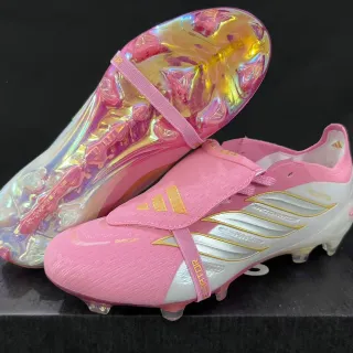 Adidas Predator Pink Gold Laceless Strap Closure Holographic Iridescent Outsole Firm-Ground Soccer Shoes