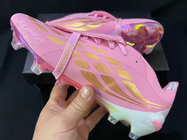 Adidas Predator Pink Gold Laceless Strap Closure Holographic Iridescent Outsole Firm-Ground Soccer Shoes 4