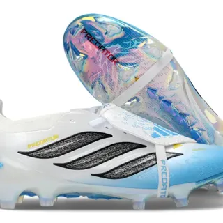 Adidas Predator White Blue Laceless Strap Closure Iridescent Holographic Sole Firm-Ground Soccer Shoes