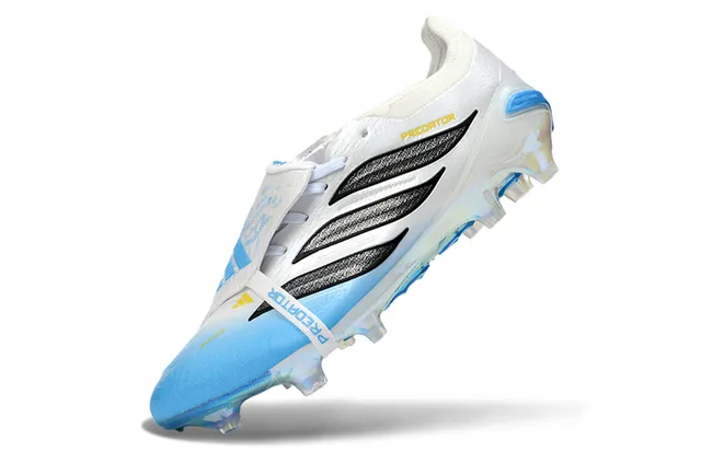 Adidas Predator White Blue Laceless Strap Closure Iridescent Holographic Sole Firm-Ground Soccer Shoes 3
