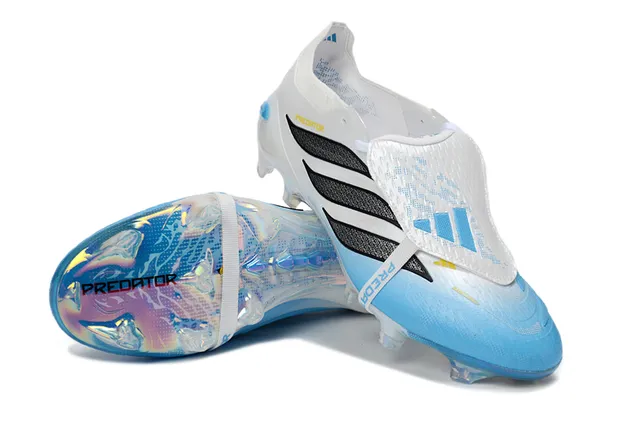 Adidas Predator White Blue Laceless Strap Closure Iridescent Holographic Sole Firm-Ground Soccer Shoes 4