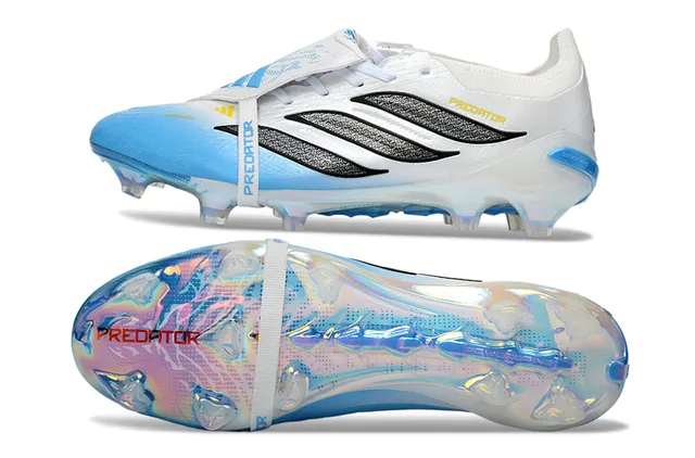 Adidas Predator White Blue Laceless Strap Closure Iridescent Holographic Sole Firm-Ground Soccer Shoes 6