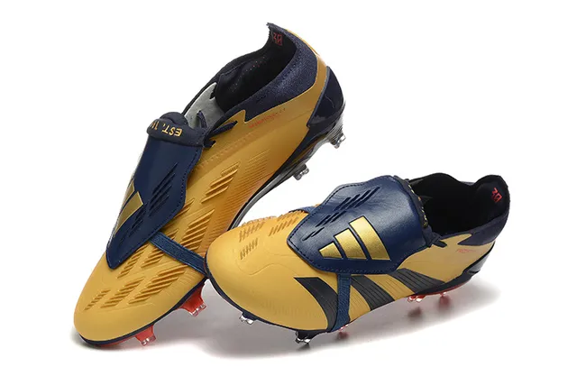 Adidas Predator Yellow Navy Cage-Strapped Upper Three-Stripe Overlay Firm-Ground Soccer Shoes 3