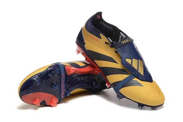 Adidas Predator Yellow Navy Cage-Strapped Upper Three-Stripe Overlay Firm-Ground Soccer Shoes 6