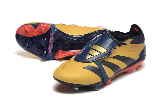 Adidas Predator Yellow Navy Cage-Strapped Upper Three-Stripe Overlay Firm-Ground Soccer Shoes 7