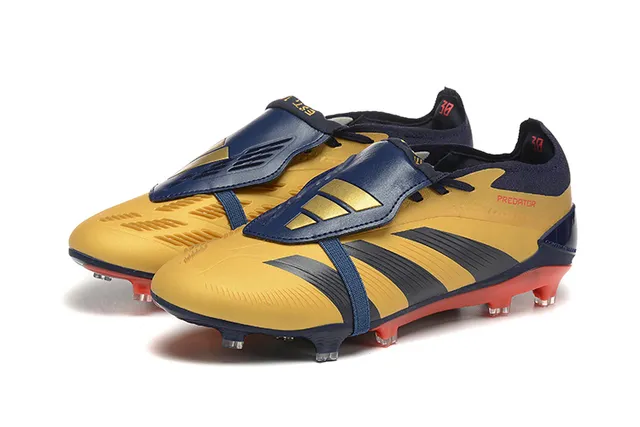 Adidas Predator Yellow Navy Cage-Strapped Upper Three-Stripe Overlay Firm-Ground Soccer Shoes 8