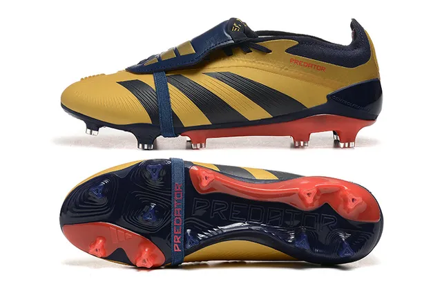 Adidas Predator Yellow Navy Cage-Strapped Upper Three-Stripe Overlay Firm-Ground Soccer Shoes 9