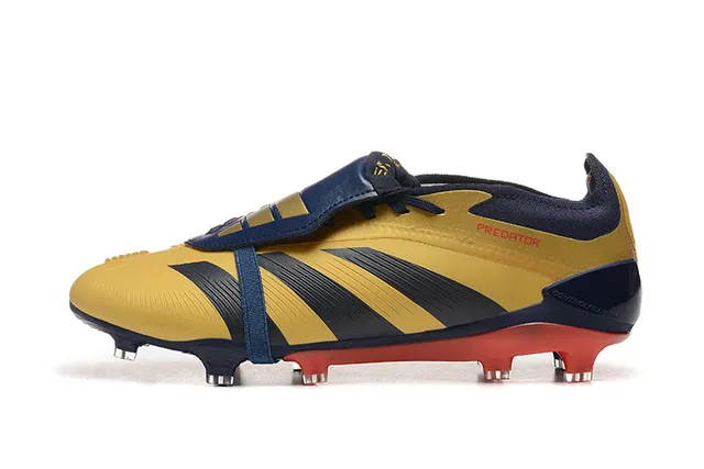 Adidas Predator Yellow Navy Cage-Strapped Upper Three-Stripe Overlay Firm-Ground Soccer Shoes 10