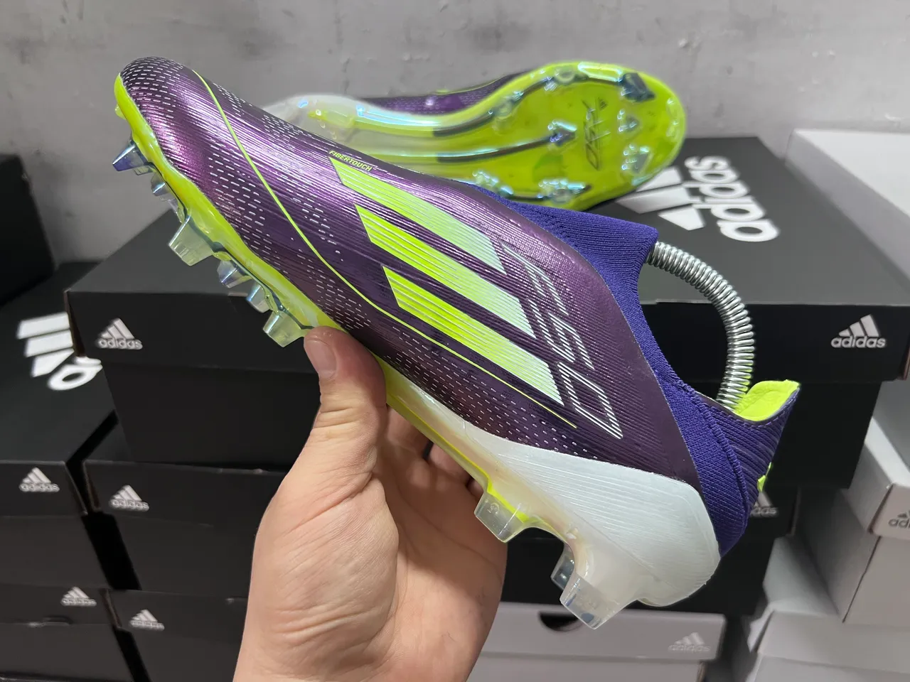 Adidas Purple Yellow Low-Cut Sock-Fit Collar Textured Synthetic Upper Firm-Ground Soccer Shoes 12