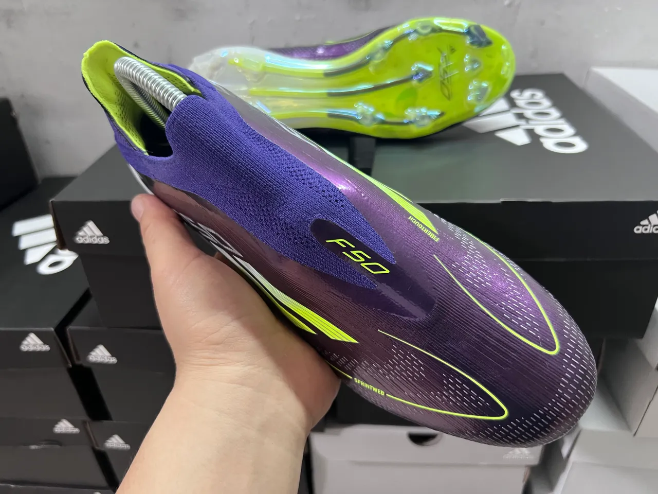 Adidas Purple Yellow Low-Cut Sock-Fit Collar Textured Synthetic Upper Firm-Ground Soccer Shoes 13