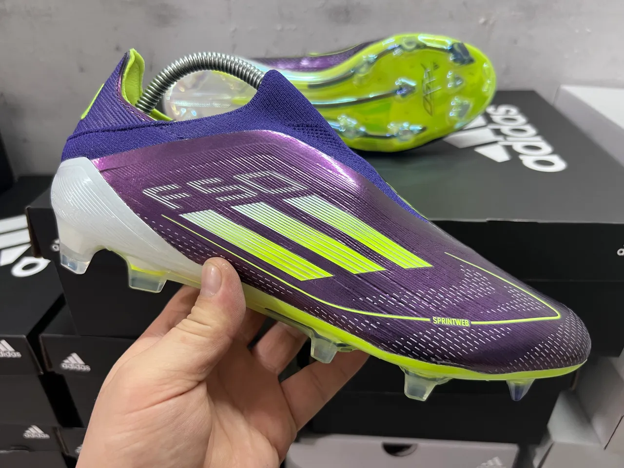 Adidas Purple Yellow Low-Cut Sock-Fit Collar Textured Synthetic Upper Firm-Ground Soccer Shoes 14