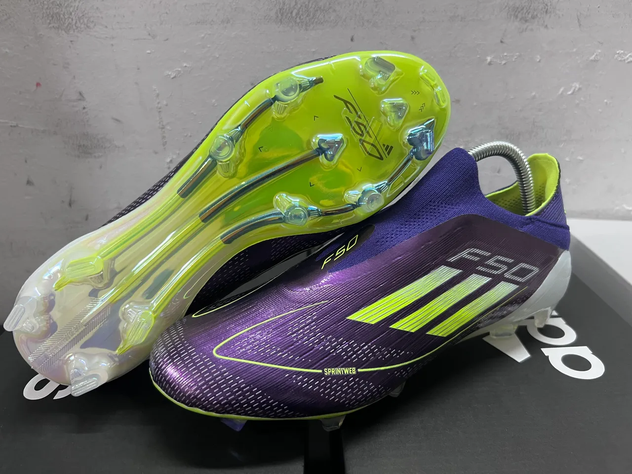 Adidas Purple Yellow Low-Cut Sock-Fit Collar Textured Synthetic Upper Firm-Ground Soccer Shoes 15