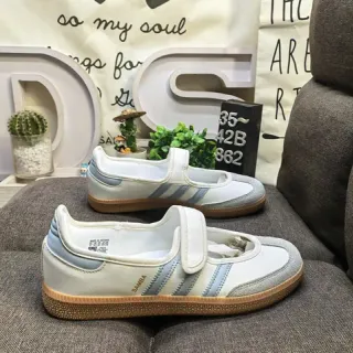 Adidas Samba Beige Blue Laceless Three-Stripe Side Panel Mary Jane Shoes