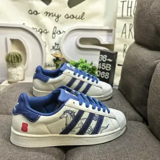 Adidas Superstar Off-White and Royal Blue Embroidered Horse Lifestyle Sneakers