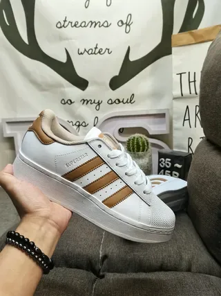 Adidas Superstar White and Tan Lifestyle Sneakers 5