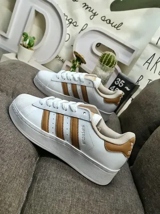Adidas Superstar White and Tan Lifestyle Sneakers 7