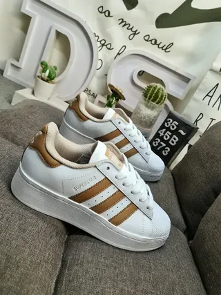 Adidas Superstar White and Tan Lifestyle Sneakers 9